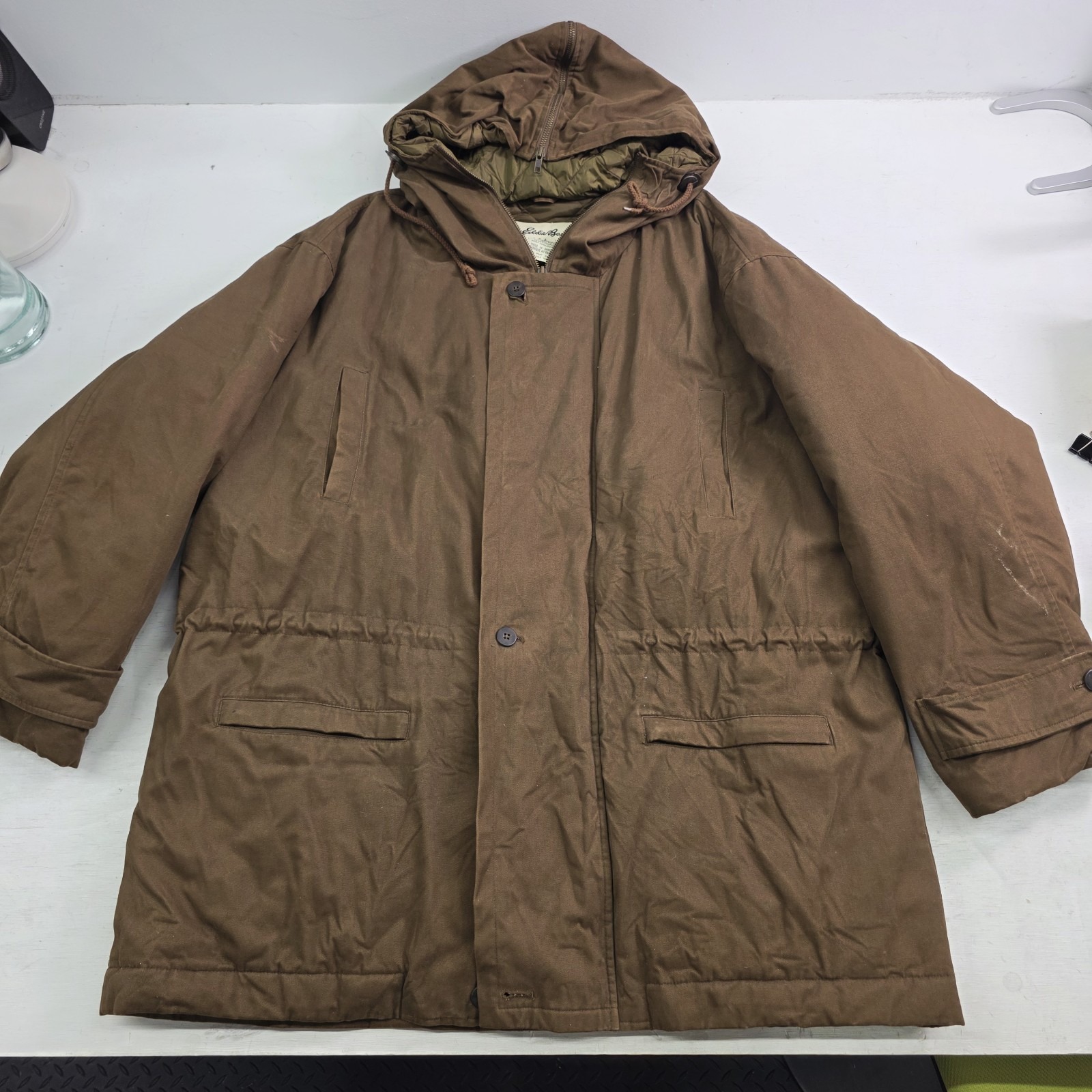 Eddie Bauer Goose Down Brown Quilt Lined Hooded Xl Men's Warm Heavy Jacket Coat
